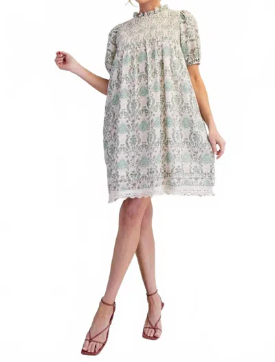 Easel Printed Cotton Voile Crochet Lace Hem Woven Dress In Sage Blush In Multi