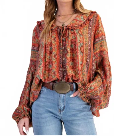Easel Printed Gauze Button Down Blouse In Orange