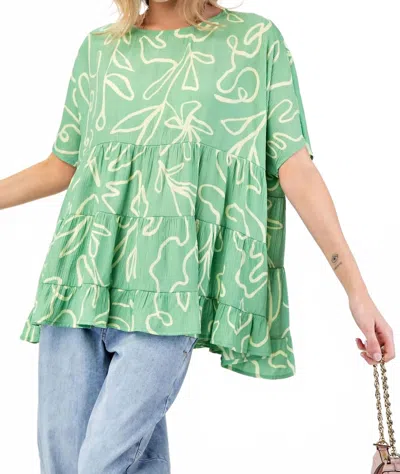 Easel Printed Peach Blossom Babydoll Tunic Top In Green