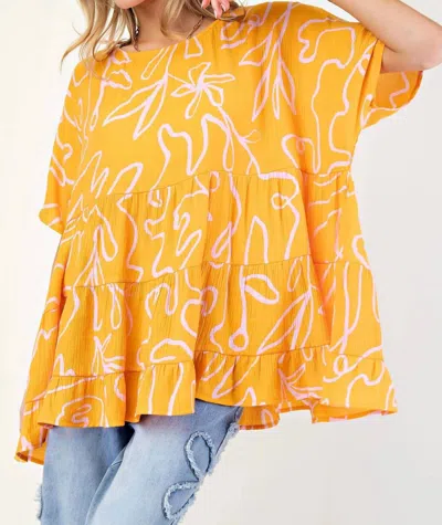 Easel Printed Peach Blossom Babydoll Tunic Top In Yellow