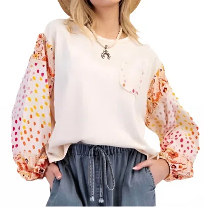Easel Printed Sleeve Cotton Jersey Top In Peach In Neutral