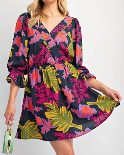 Easel Printed Wool Peach Woven Surplus Mini Dress In Jungle Green In Multi