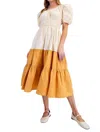 Easel Puff Sleeve Color Block Poplin Maxi Dress In Milk_carmel In Multi