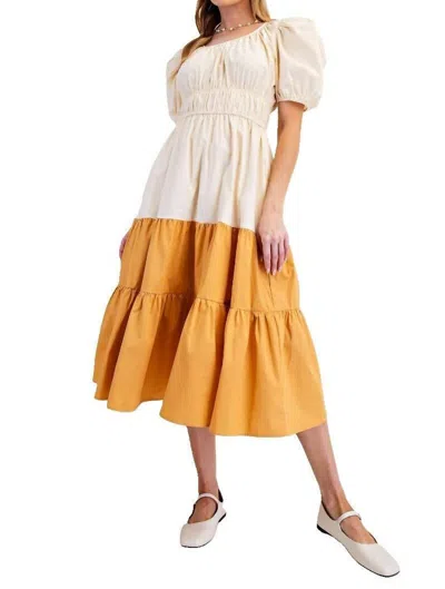Easel Puff Sleeve Color Block Poplin Maxi Dress In Milk_carmel In Multi