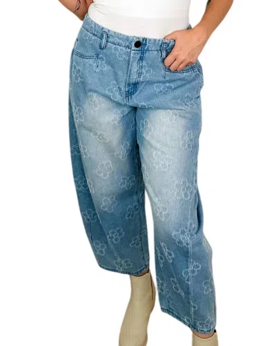 Easel Pushing Petals High-rise Cotton Barrel Leg Jeans In Medium Wash Denim In Blue