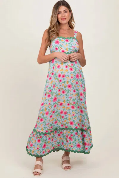Easel Rayon Ric Rack Midi Dress In Blue Floral In Purple