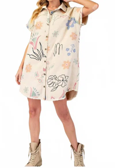 Easel Rene Floral Denim Dress In Khaki In White