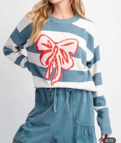 Easel Ribbon & Striped Knit Sweater Pullover In Teal In Blue