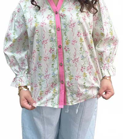 Easel Ribbon Coquette Floral Ruffle Collar Top In Pink In White