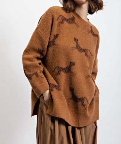 Easel Round Neck Drop Shoulder Cheetah Printed Sweater - Plus In Brown