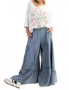 Easel Ruffle Bottom Hem Washed Wide Leg Palazzo Pants In Denim In Multi