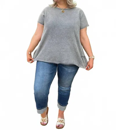 Easel Ruffle Bottom Top In Charcoal In Animal Print