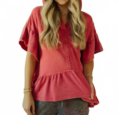 Easel Shea Hooded Ruffle Short Sleeve Sweatshirt In Boho Red