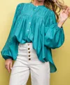 Easel Shiny Crepe Woven Button Down Top - Teal In Blue