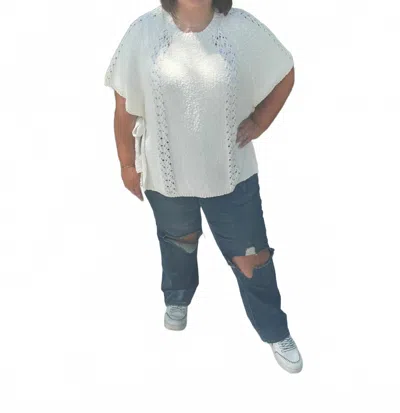 Easel Short Sleeve Poncho Crochet Accent Sweater In Eggshell White In Blue