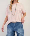 Easel Short Sleeve Textured Stripe Knit Top In Pink In Pink