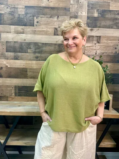Easel Short Sleeves Oversize Boatneck Knit Sweater In Olive Green