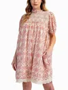 Easel Sienna Sky Puff Sleeve Dress In Boho Red In Pink