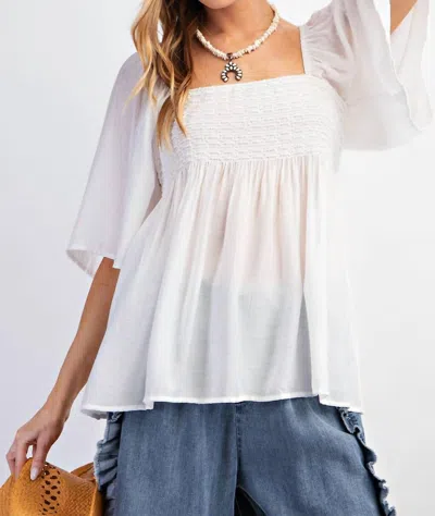 Easel Smocked Babydoll Tunic Top In White