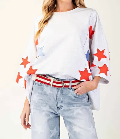 Easel Soft Washed Star Patches Terry Knit Pullover In Light Heather Grey In Gray