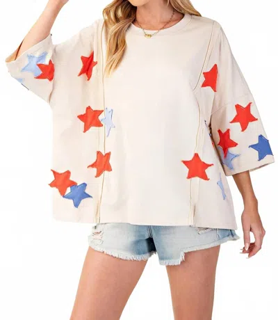 Easel Soft Washed Star Patches Terry Knit Pullover Top - Plus In Natural In Neutral
