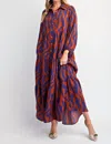 Easel Sophia Button Down Woven Maxi Dress-plus In Coffee & Blue In Multi