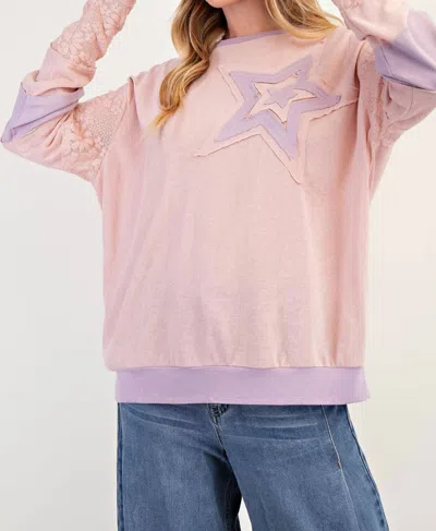 Easel Star Patch Long Sleeve Top In Pink