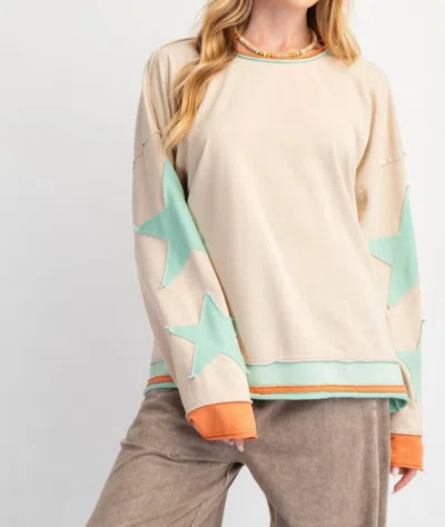 Easel Star Patched Sleeves Mineral Washed Top In Taupe In Grey