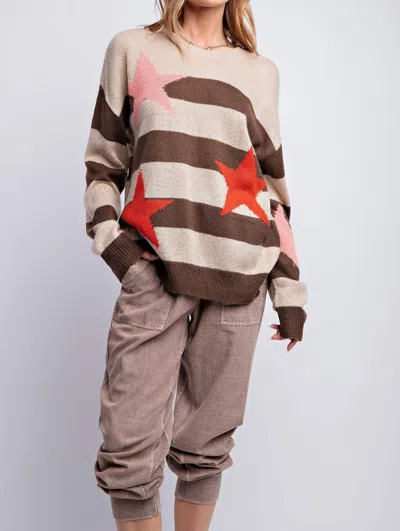 Easel Star Stripe Sweater In Khaki Brown In Multi