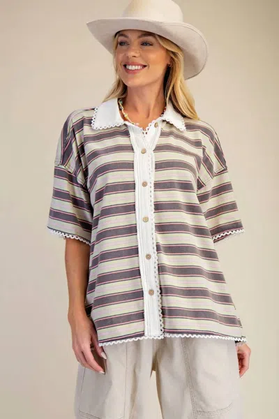 Easel Stripe Knit Button Down Top In Grey In Gray