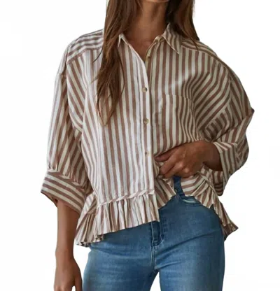 Easel Stripe Linen Top - Plus In Mushroom In Neutral