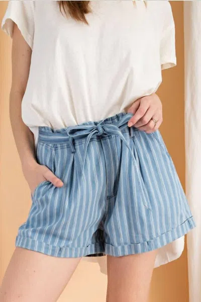 Easel Stripe Time High Waist Shorts In Light Wash In Blue