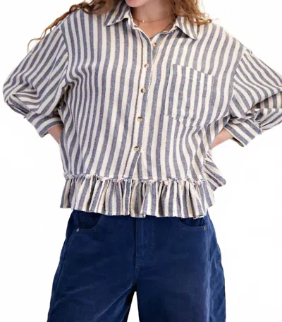 Easel Striped Linen Ruffle Hem Button Down Top In Denim Stripe In Multi
