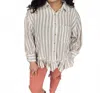 Easel Striped Linen Ruffle Hem Button Down Top In Taupe Stripe In Multi