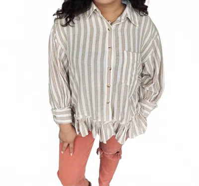 Easel Striped Linen Ruffle Hem Button Down Top In Taupe Stripe In Multi