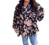 Easel Tara Floral Printed Button Down Gauze Blouse - Plus In Black In Black