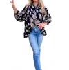 Easel Tara Floral Printed Button Down Gauze Blouse In Black In Black