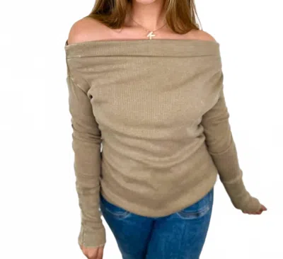 Easel Textured Off-the-shoulder Long-sleeve Top In Taupe In Brown