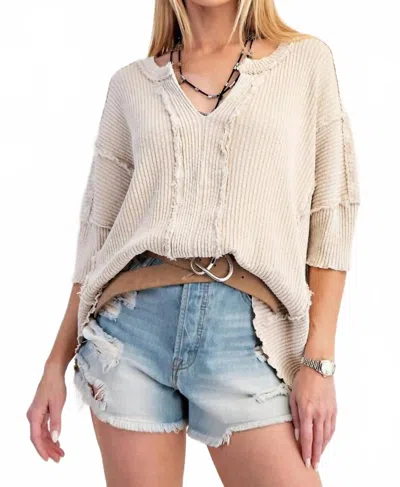 Easel Textured Rib Knit Mineral Washed Top In Beige In Multi