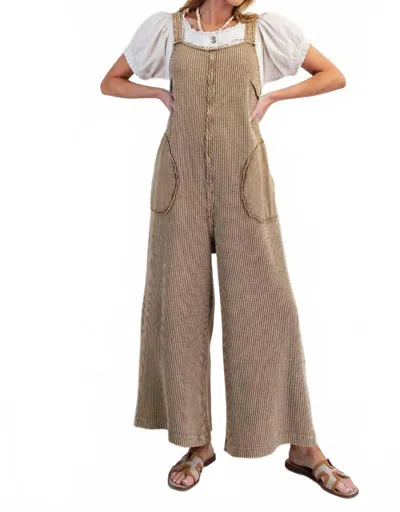 Easel Thermal Knit Mineral Washed Jumpsuit In Mocha In Brown