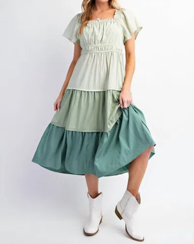 Easel Three Tier Ruffle Poplin Midi Dress In Sage In Multi | ModeSens