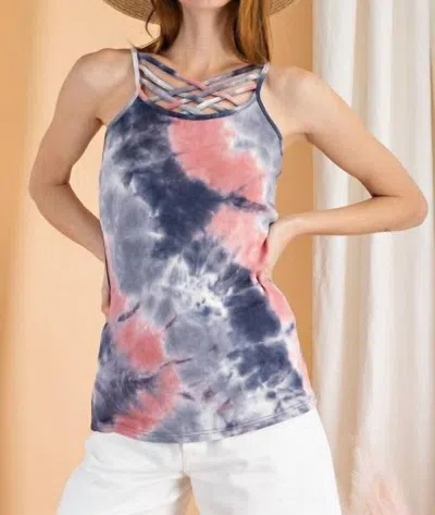 Easel Tie Dye Criss Cross Plus Camisole In Blue And Coral In Multi