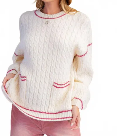 Easel Two Pocket Cable Knit Sweater In White In Neutral