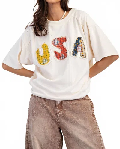 Easel Usa Patch Front Soft Washed Terry Knit Top In Ivory In White