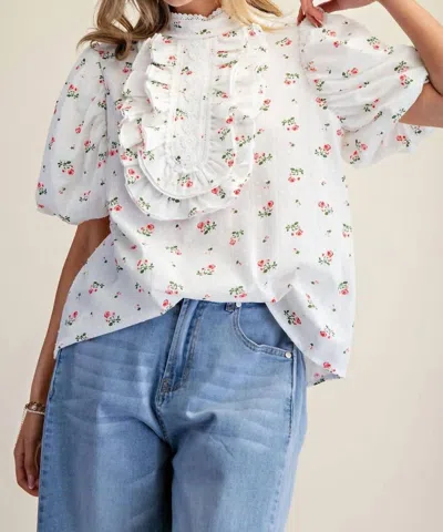 Easel Voile Puff Sleeves Top In White Floral In Multi