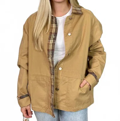 Easel Washed Barn Coat With Plaid Trim In Beige In Brown