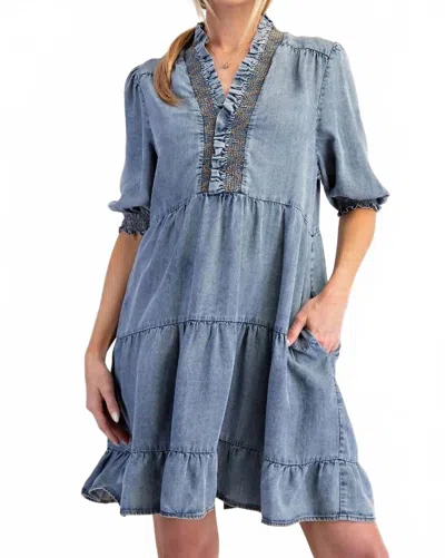 Easel Washed Denim Mini Dress In Blue