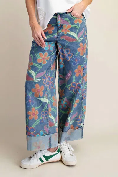 Easel Washed Stretch Denim Pants In Floral Print In Multi