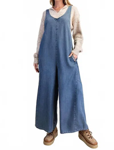 Easel Washed Tencel Jumpsuit Romper In Medium Chambray In Multi