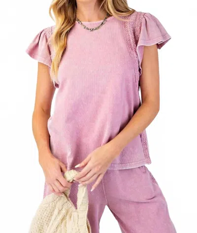 Easel Washed Wing Sleeve Crochet Trim Top In Antique-rose In Pink
